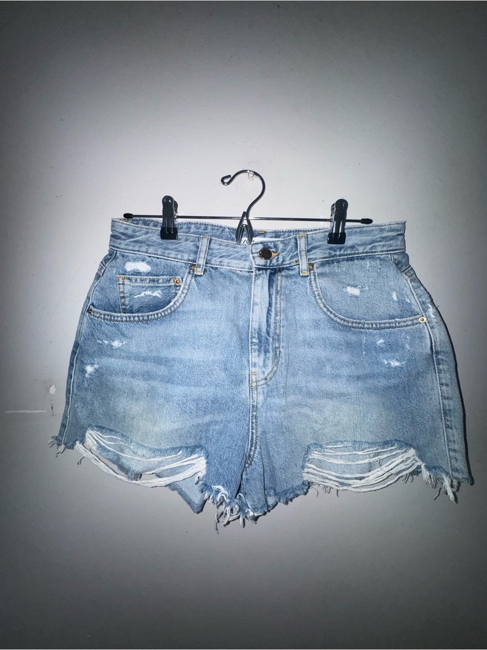 Zara Light Blue Distressed Denim High-Waist Shorts